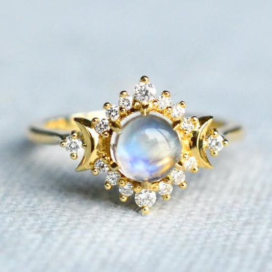 Anillo lunar de acero inoxidable con piedra lunar y cristales