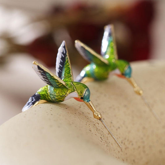 Pendientes exóticos de esmalte de colibrí con diseño único