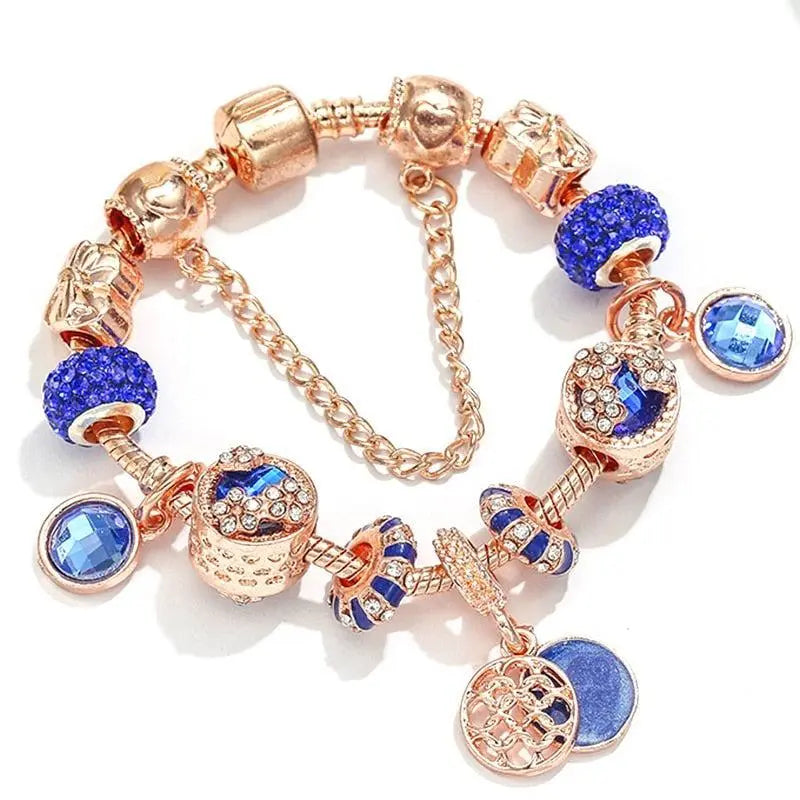Pulsera con dos colores rosa y dos cristales azules brillantes