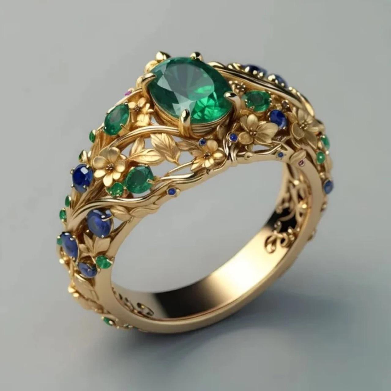 Anillo Floral de Lujo con Cristales Verdes y Azules