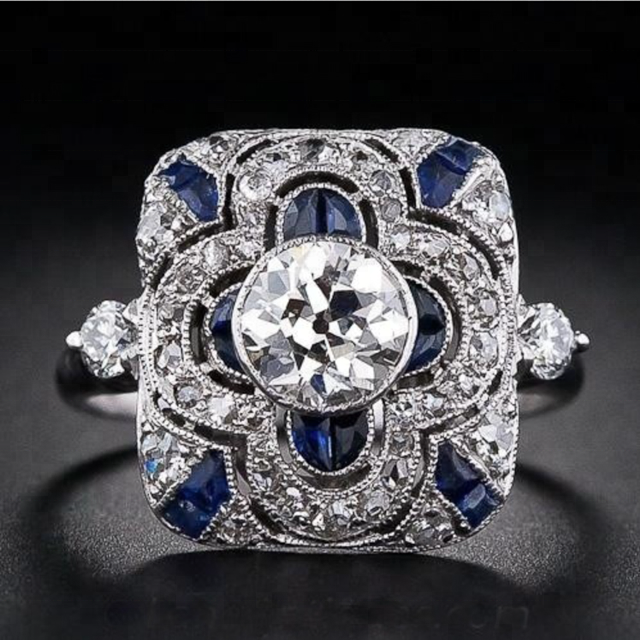 Anillo Art Déco de Plata con Circonia Cúbica Azul