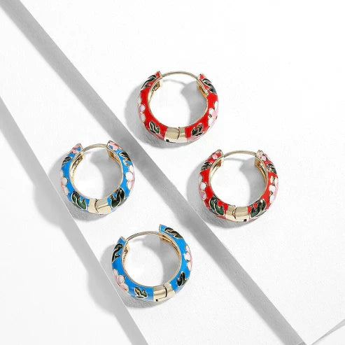 Pendientes de aro florales elegantes: pendientes de esmalte vibrante con estampado de flores