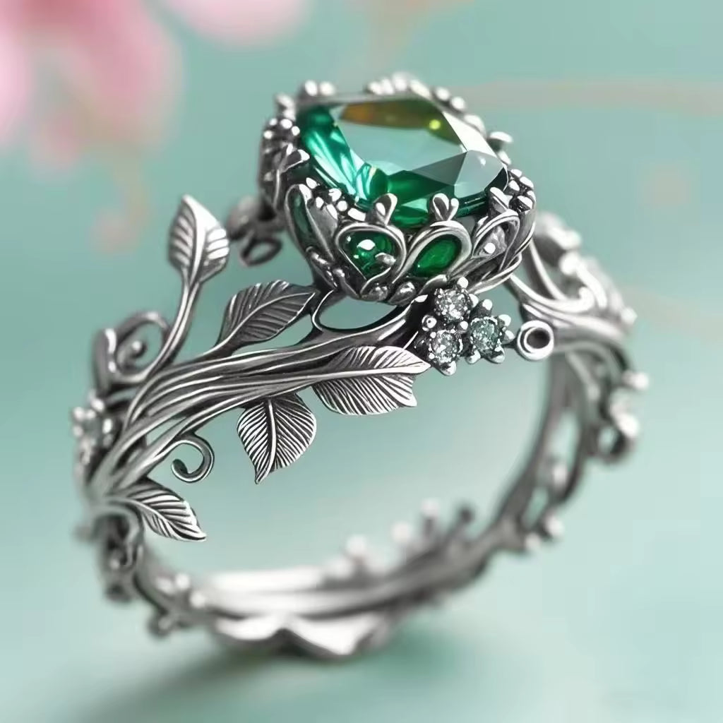 Anillo Floral de Cristal Verde en Oro Rosa