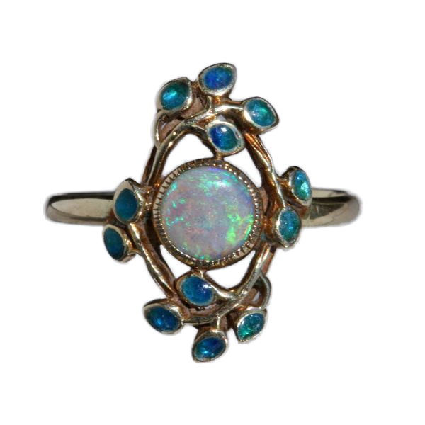 Anillo Floral Vintage con Pal de Ópalo y Piedras Turquesa