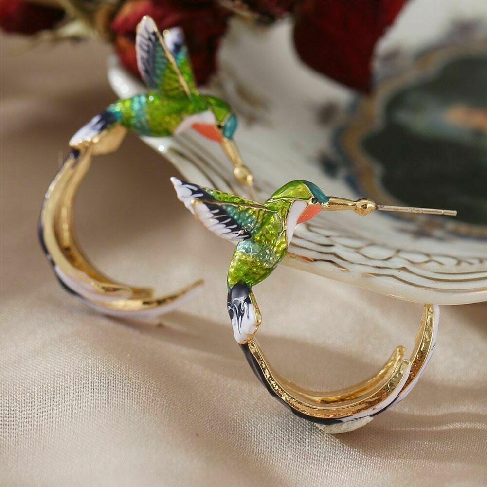 Pendientes exóticos de esmalte de colibrí con diseño único
