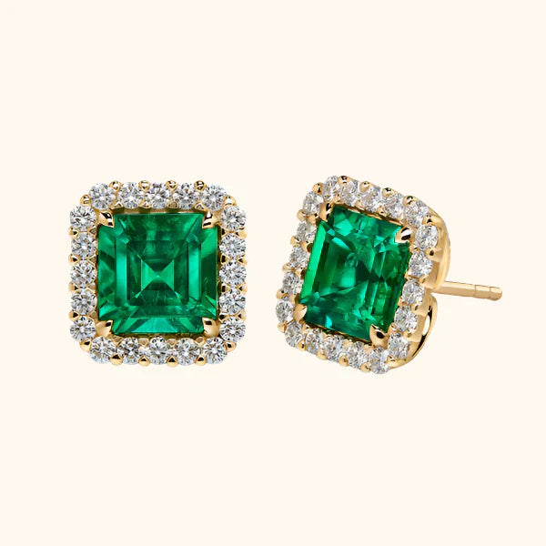Pendientes de esmeralda cuadrados brillantes engastados con diamantes