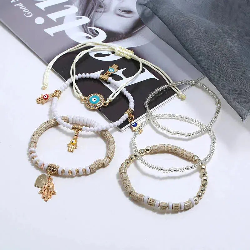 Conjunto de pulsera boho con ojo de Nazar, Hamsa y abalorios