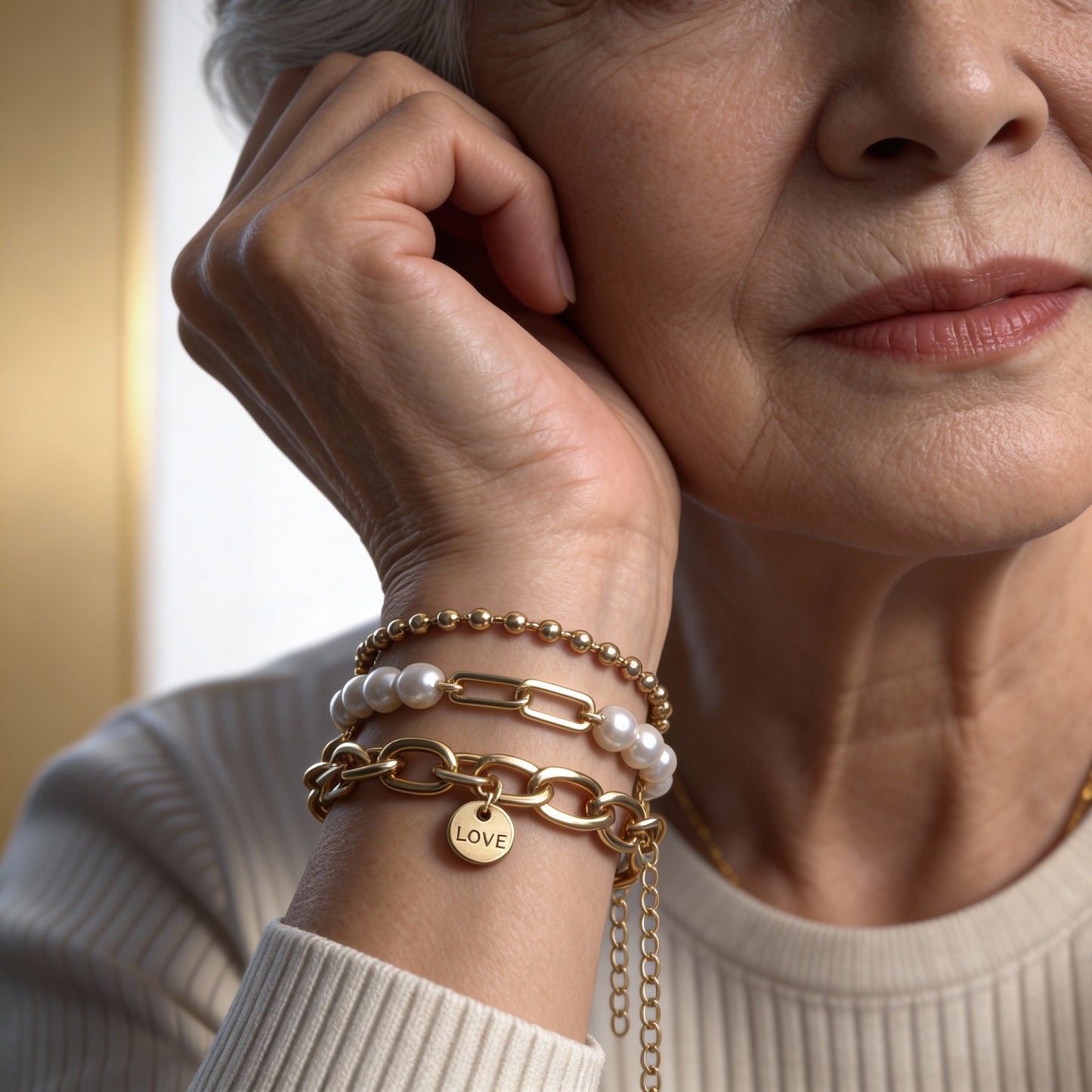 Elegante juego de pulseras con perlas, cadenas y collar de amor