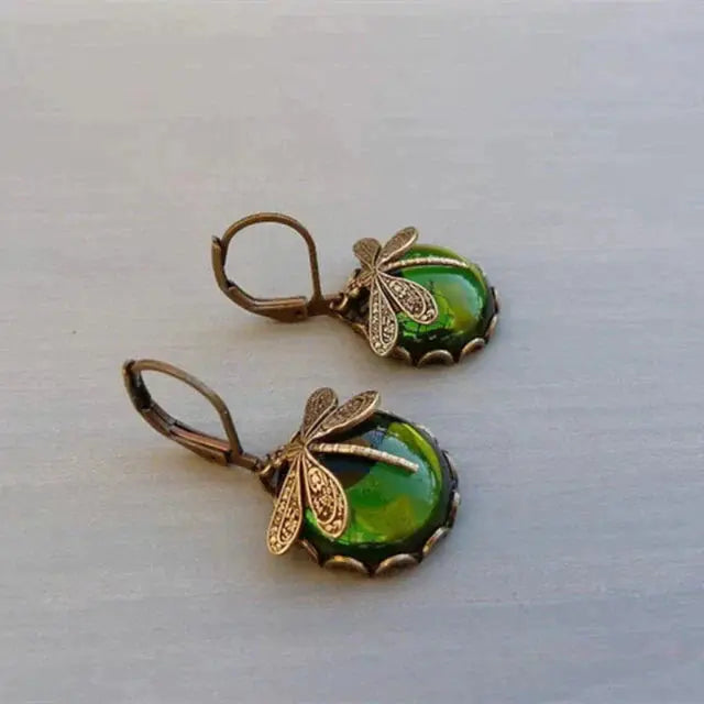 Pendientes de libélula de bronce antiguo con bolas de cristal de colores