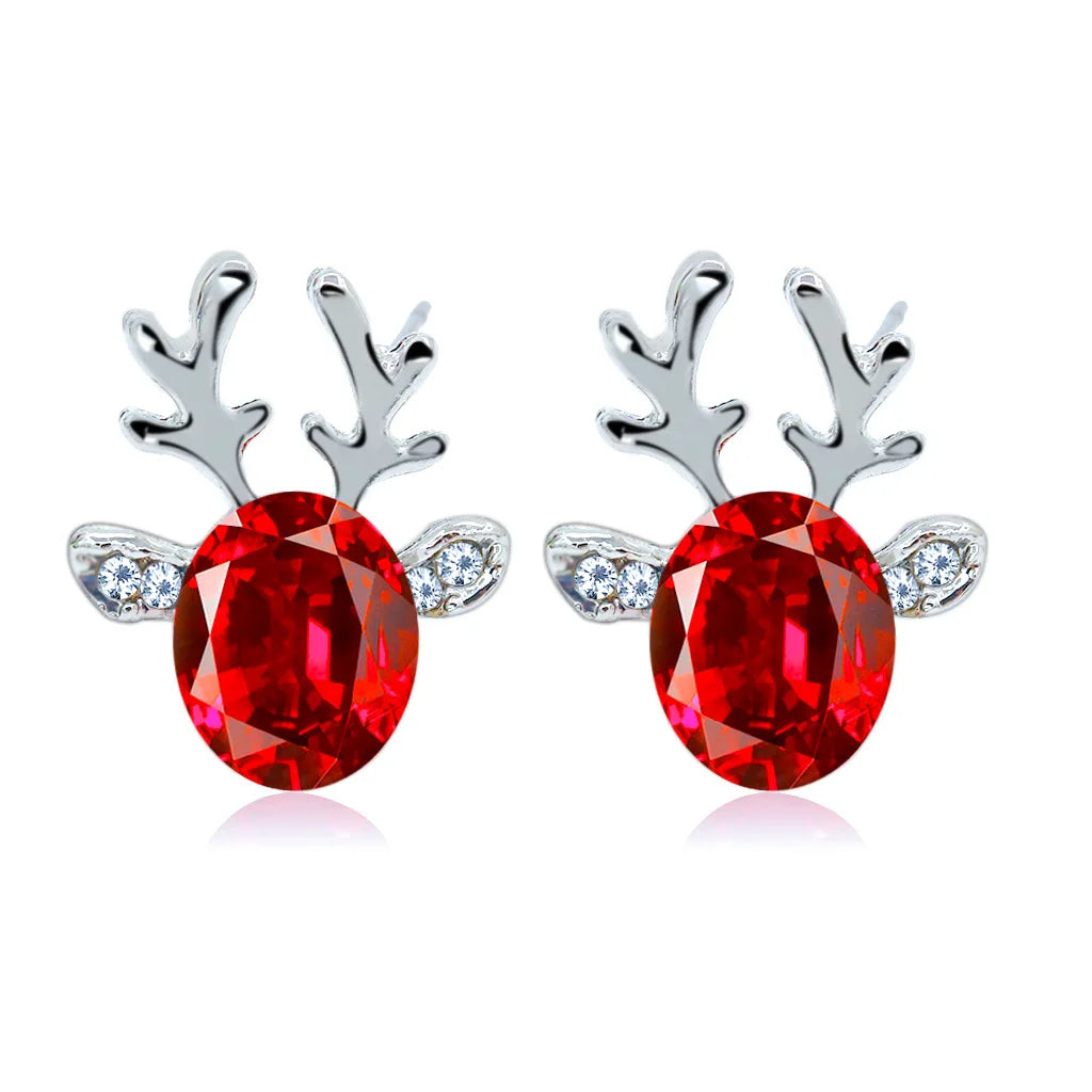 Pendientes festivos con forma de reno con brillantes piedras de cristal ovaladas y purpurina