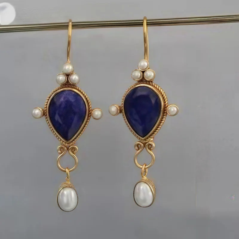Pendientes colgantes de piedras preciosas vintage con detalles de perlas