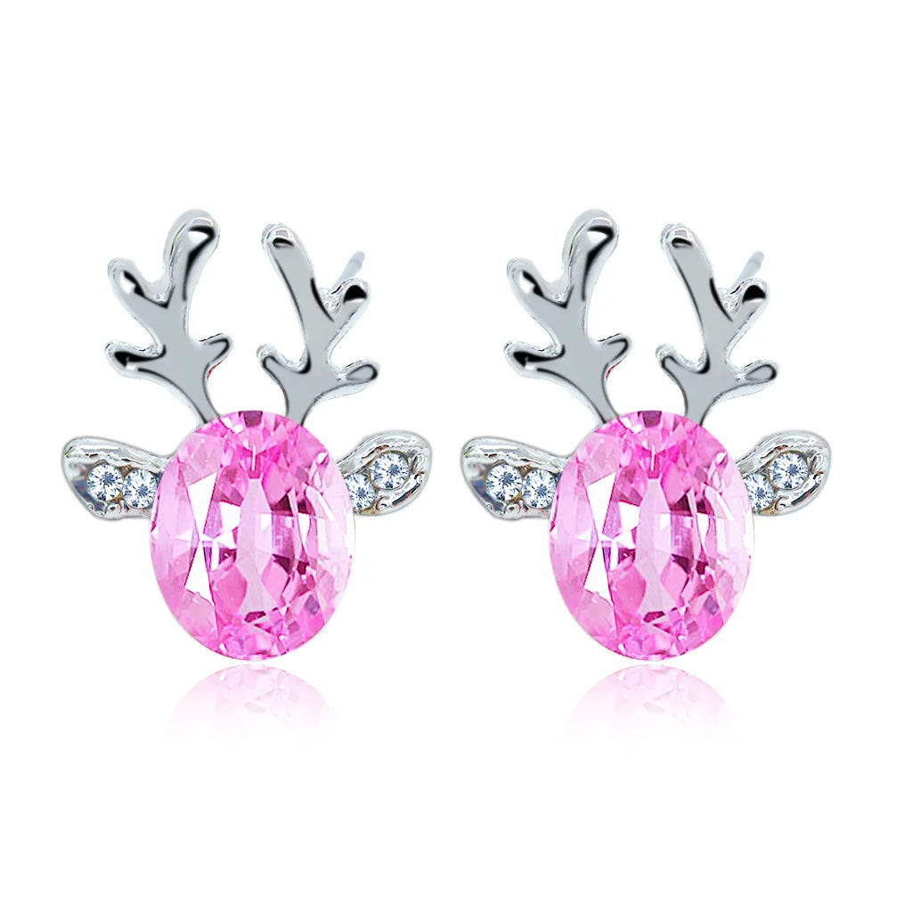 Pendientes festivos con forma de reno con brillantes piedras de cristal ovaladas y purpurina
