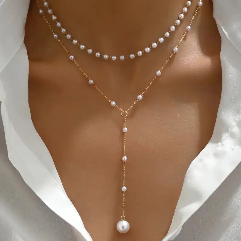 Elegante collar de perlas en forma de Y con diseño de doble capa