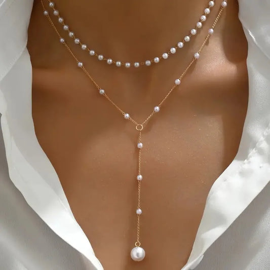 Elegante collar de perlas en forma de Y con diseño de doble capa