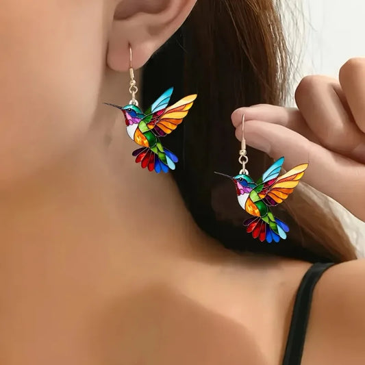 Pendientes coloridos de colibrí acrílico en estilo vidriera