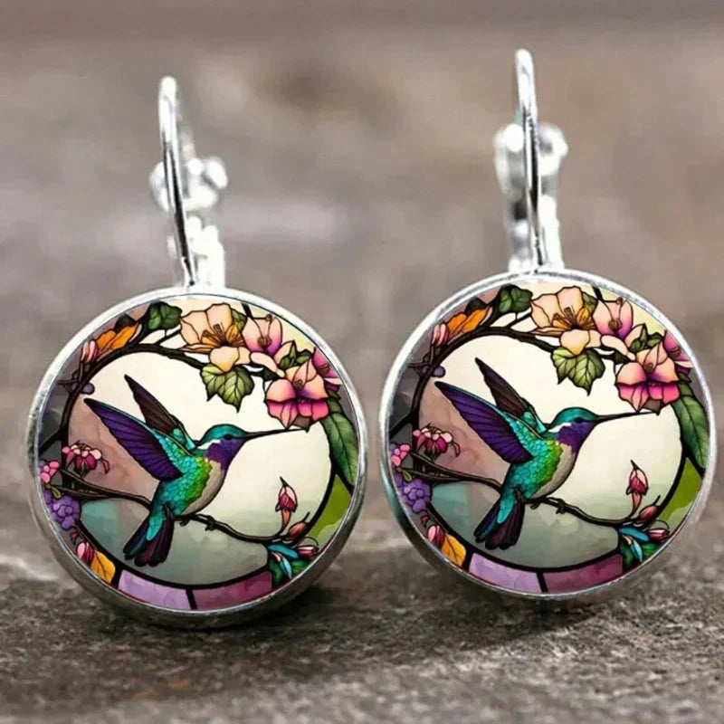 Conjunto de joyas de colibrí de colores: collar y pendientes con diseño de cristal