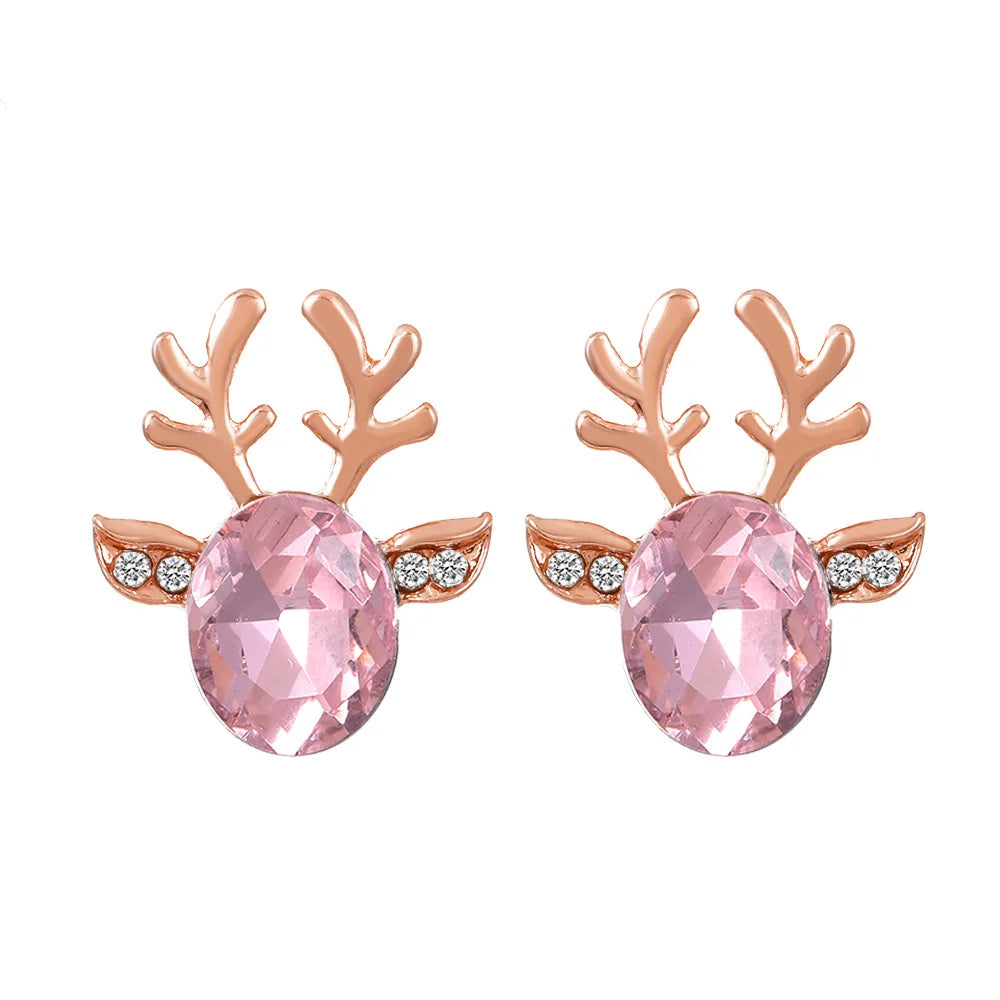 Pendientes festivos con forma de reno con brillantes piedras de cristal ovaladas y purpurina