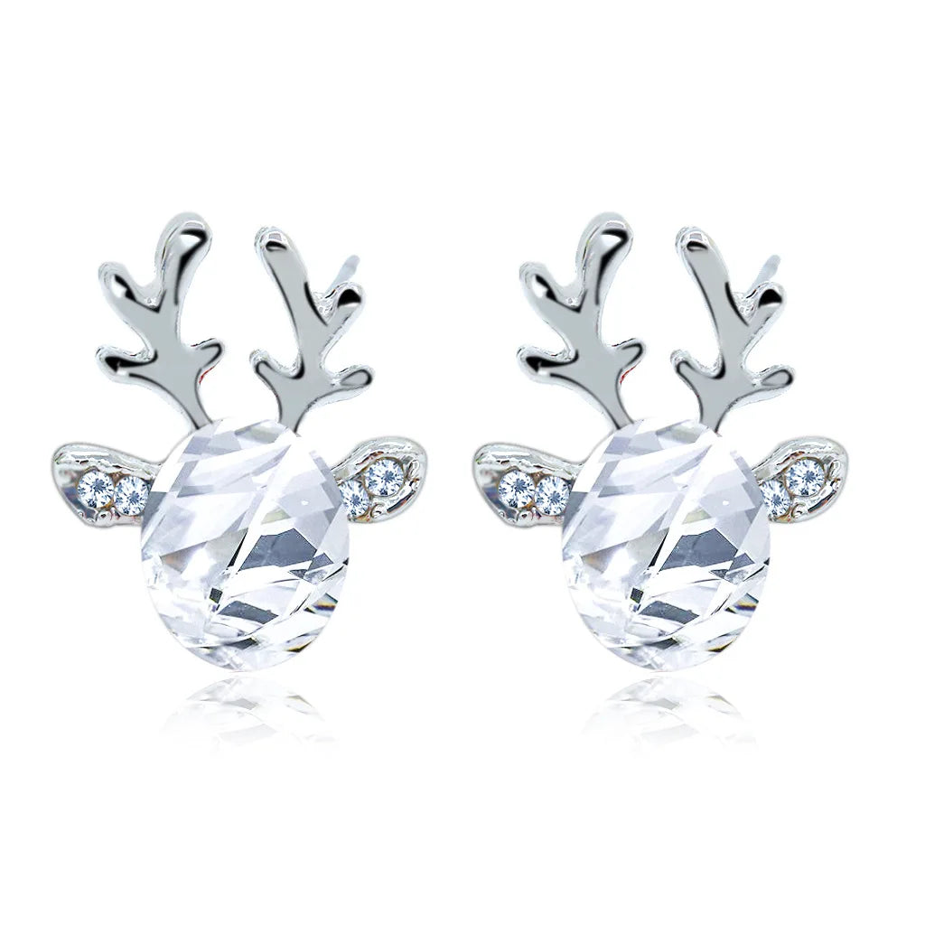 Pendientes festivos con forma de reno con brillantes piedras de cristal ovaladas y purpurina