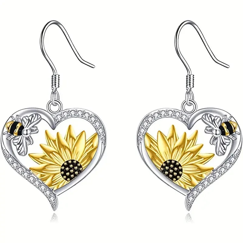 Pendientes boho de corazón de abeja girasol con circonitas brillantes