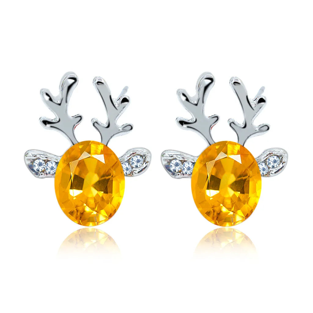 Pendientes festivos con forma de reno con brillantes piedras de cristal ovaladas y purpurina