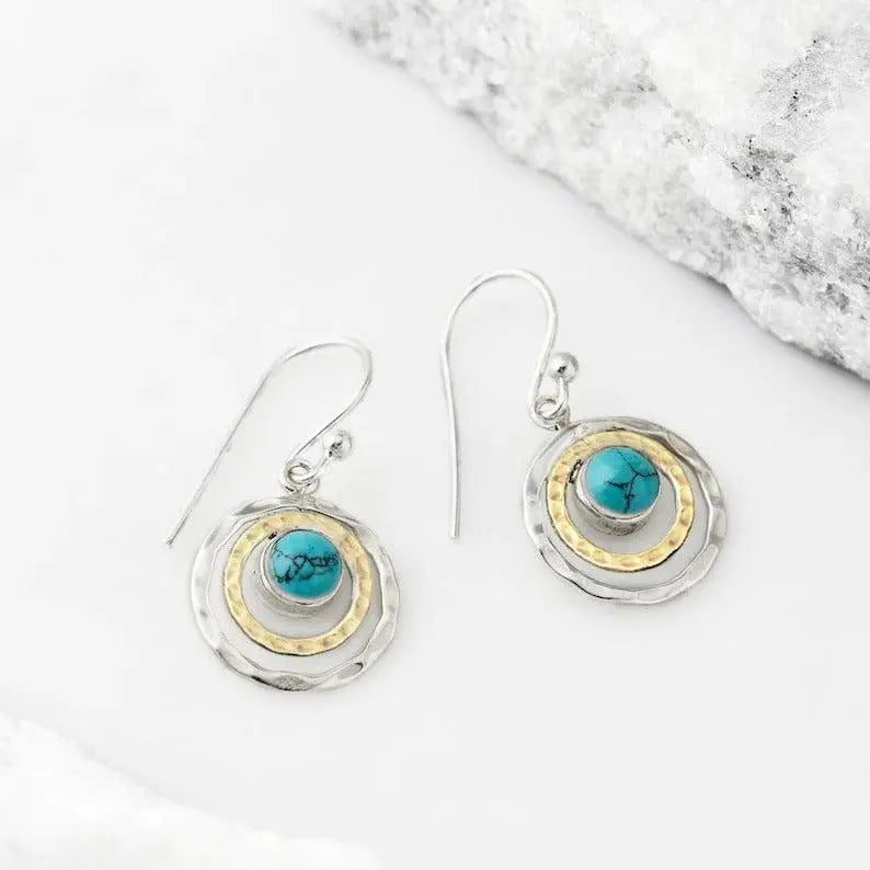 Pendientes circulares boho con piedra lunar o turquesa