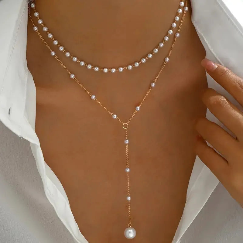 Elegante collar de perlas en forma de Y con diseño de doble capa