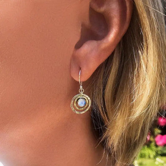 Pendientes circulares boho con piedra lunar o turquesa