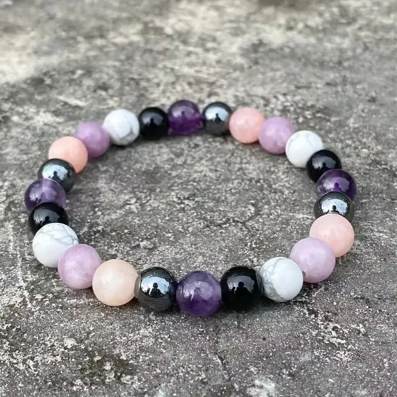 Elegante pulsera de amatista, hematita y piedras naturales