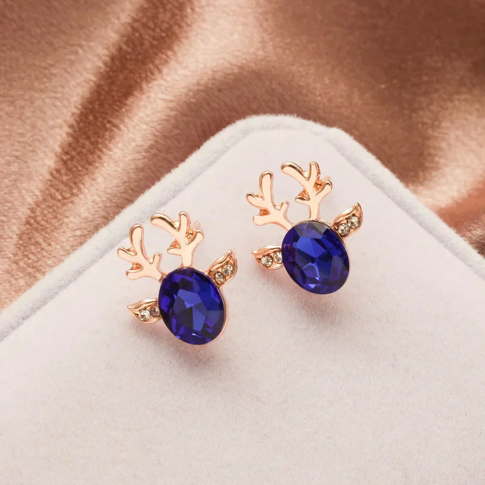 Pendientes festivos con forma de reno con brillantes piedras de cristal ovaladas y purpurina