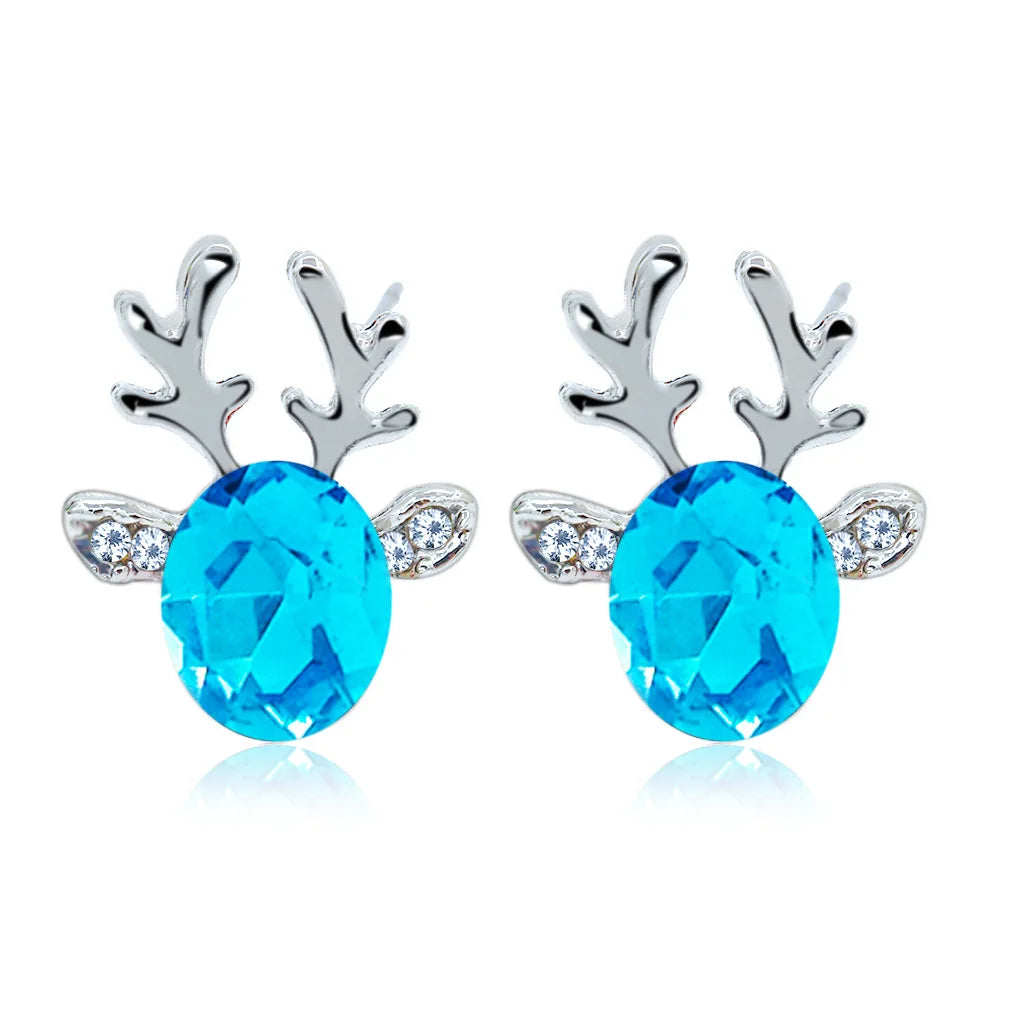Pendientes festivos con forma de reno con brillantes piedras de cristal ovaladas y purpurina