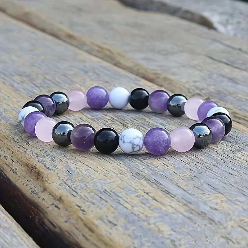 Elegante pulsera de amatista, hematita y piedras naturales