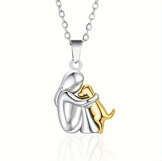 Collar con colgante de perro y niña conmovedor de corazón para amantes de los animales