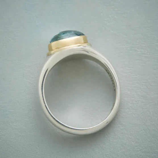 Anillo Bicolor con Piedra Calcedonia Aguamarina