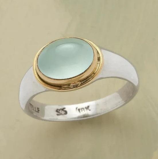 Anillo Bicolor con Piedra Calcedonia Aguamarina