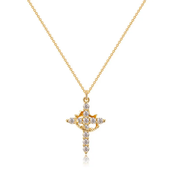 Elegante collar con cruz de circonitas y detalle de corona