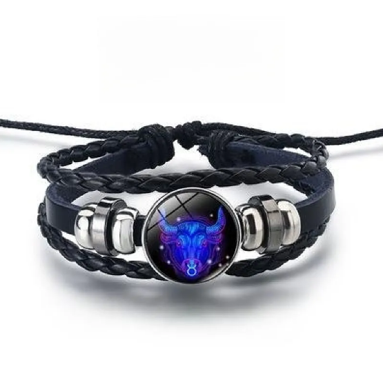 Pulsera de cuero con brillantes signos del zodiaco y detalles en aleación de zinc