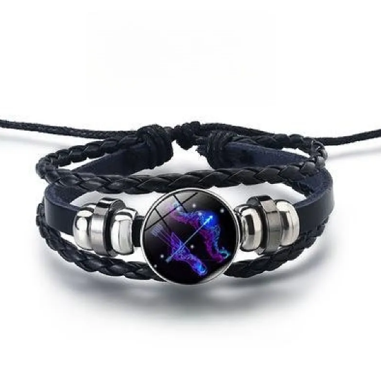Pulsera de cuero con brillantes signos del zodiaco y detalles en aleación de zinc