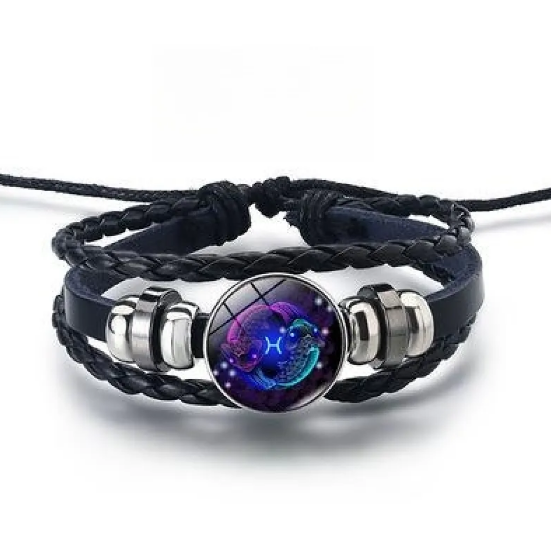 Pulsera de cuero con brillantes signos del zodiaco y detalles en aleación de zinc