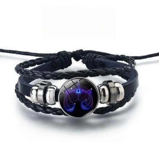 Pulsera de cuero con brillantes signos del zodiaco y detalles en aleación de zinc