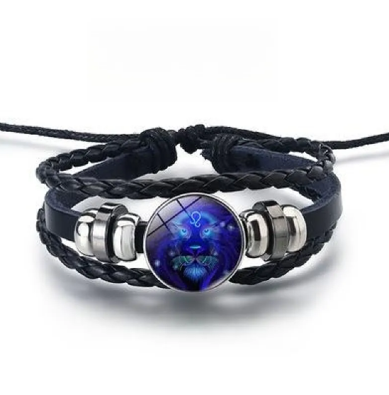 Pulsera de cuero con brillantes signos del zodiaco y detalles en aleación de zinc
