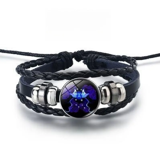 Pulsera de cuero con brillantes signos del zodiaco y detalles en aleación de zinc
