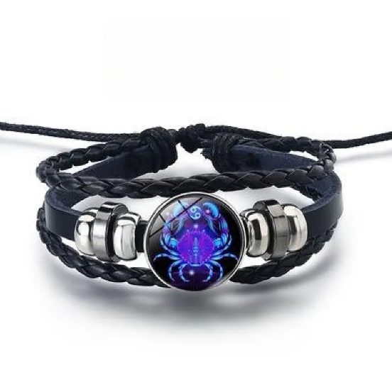 Pulsera de cuero con brillantes signos del zodiaco y detalles en aleación de zinc