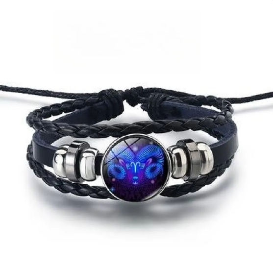 Pulsera de cuero con brillantes signos del zodiaco y detalles en aleación de zinc