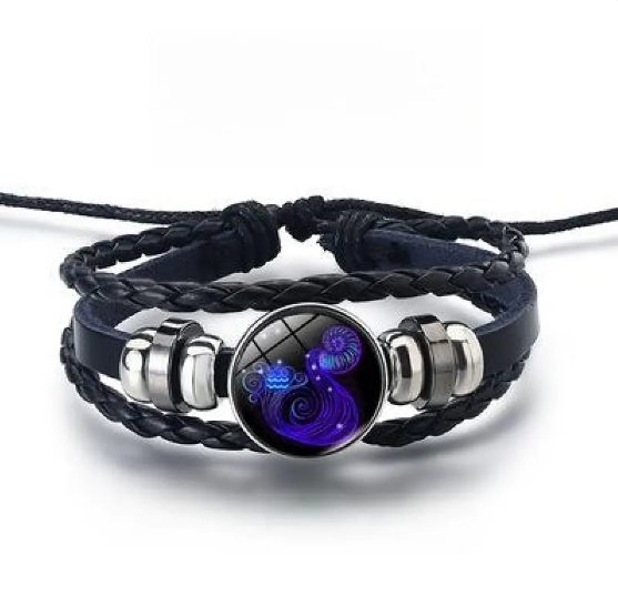 Pulsera de cuero con brillantes signos del zodiaco y detalles en aleación de zinc