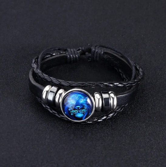Pulsera de cuero con brillantes signos del zodiaco y detalles en aleación de zinc