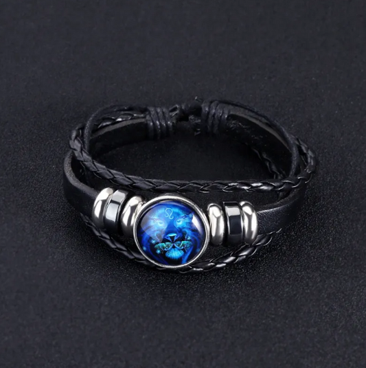 Pulsera de cuero con brillantes signos del zodiaco y detalles en aleación de zinc
