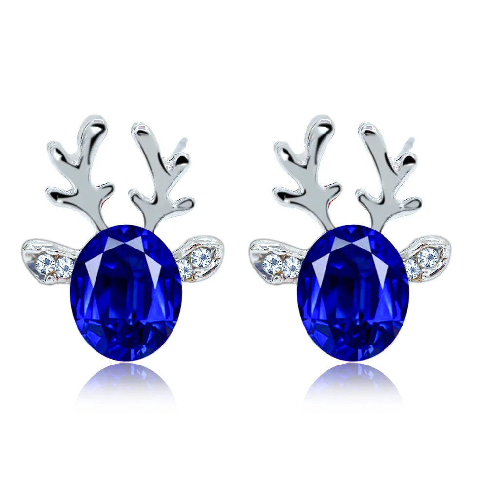 Pendientes festivos con forma de reno con brillantes piedras de cristal ovaladas y purpurina