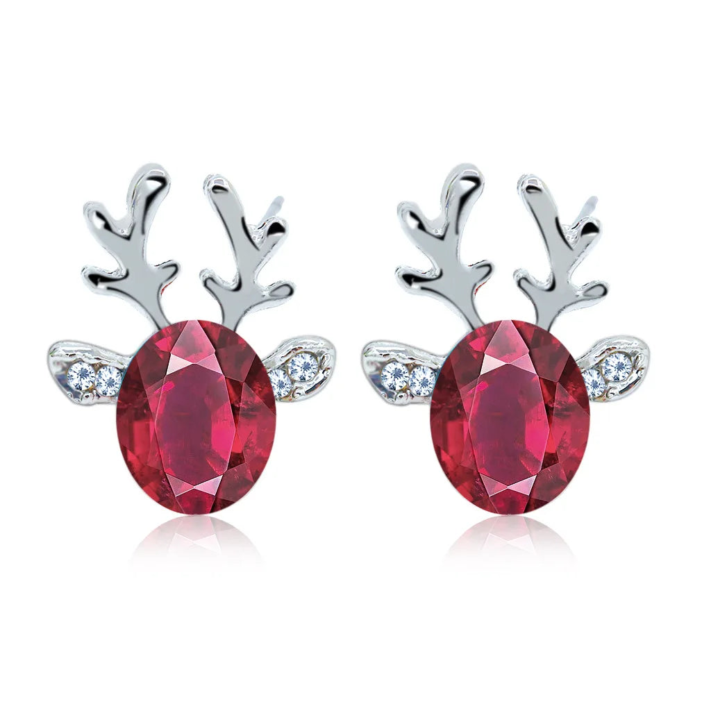 Pendientes festivos con forma de reno con brillantes piedras de cristal ovaladas y purpurina