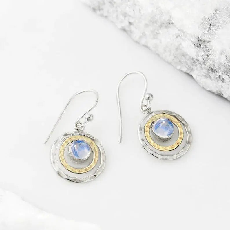 Pendientes circulares boho con piedra lunar o turquesa
