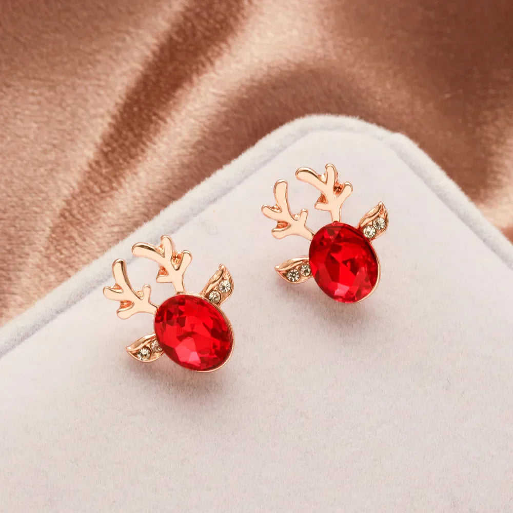 Pendientes festivos con forma de reno con brillantes piedras de cristal ovaladas y purpurina